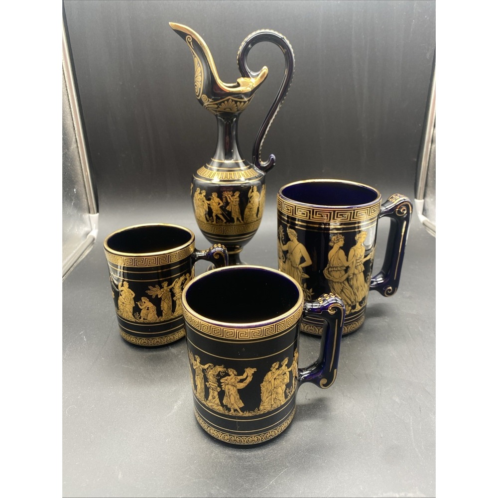 VTG Hand Made Greek 24K Gold Trim Black Ceramic Spyropoulos Pitcher- Mugs